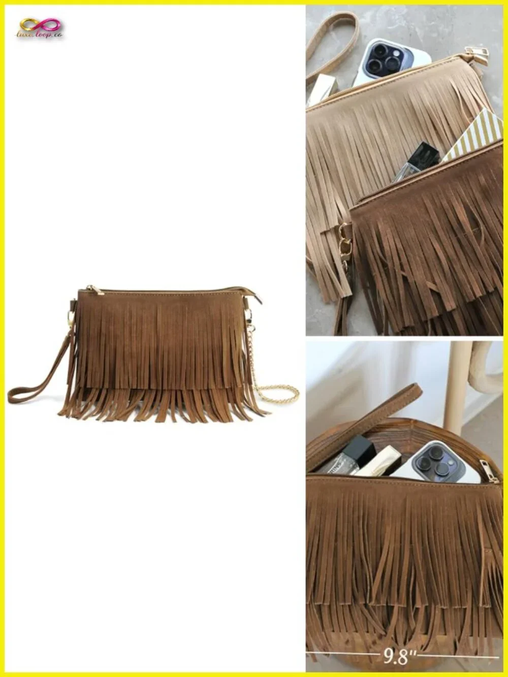 Faux Suede Leather Fringe Crossbody Bag with Wristlet & Chain Strap